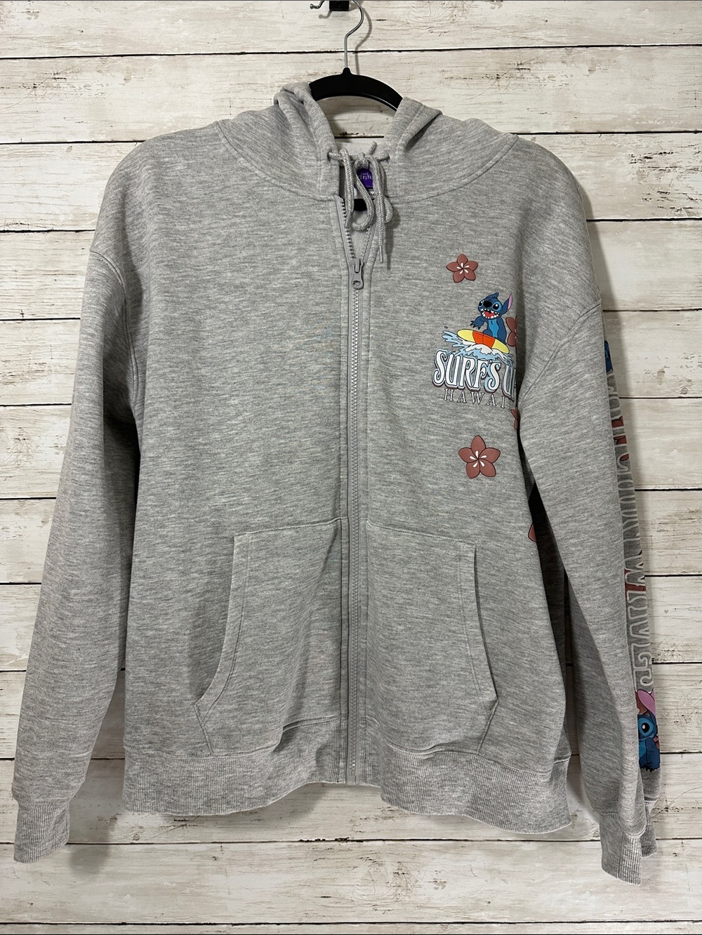 Disney Lilo & Stitch "Surf's Up Hawaii" Full Zip Graphic Hoodie Gray Large 12-14 - Picture 1 of 16